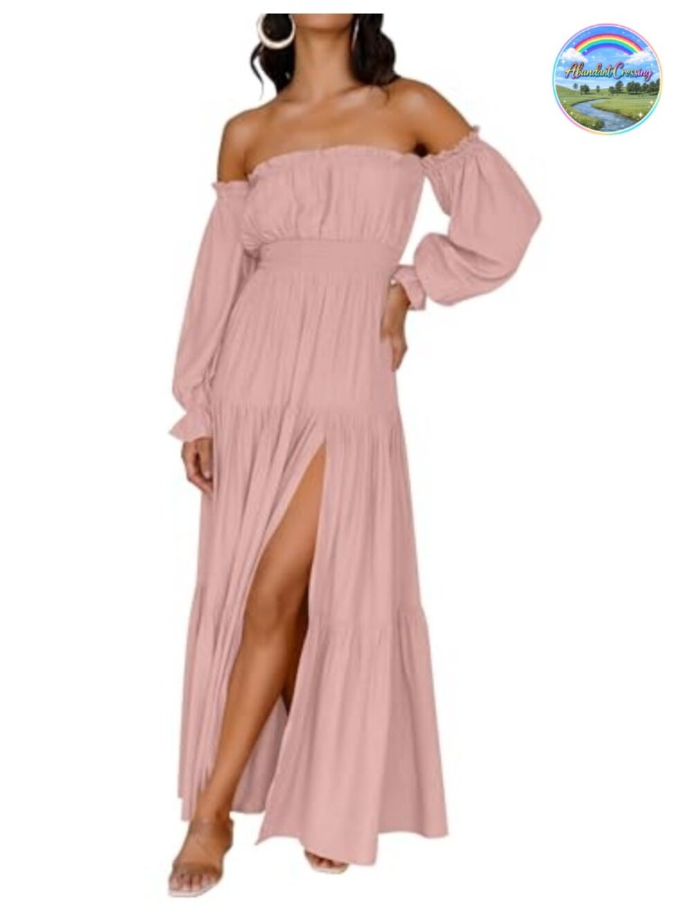 Off Shoulder Boho Maxi Dress Long Sleeve Flowy A-Line